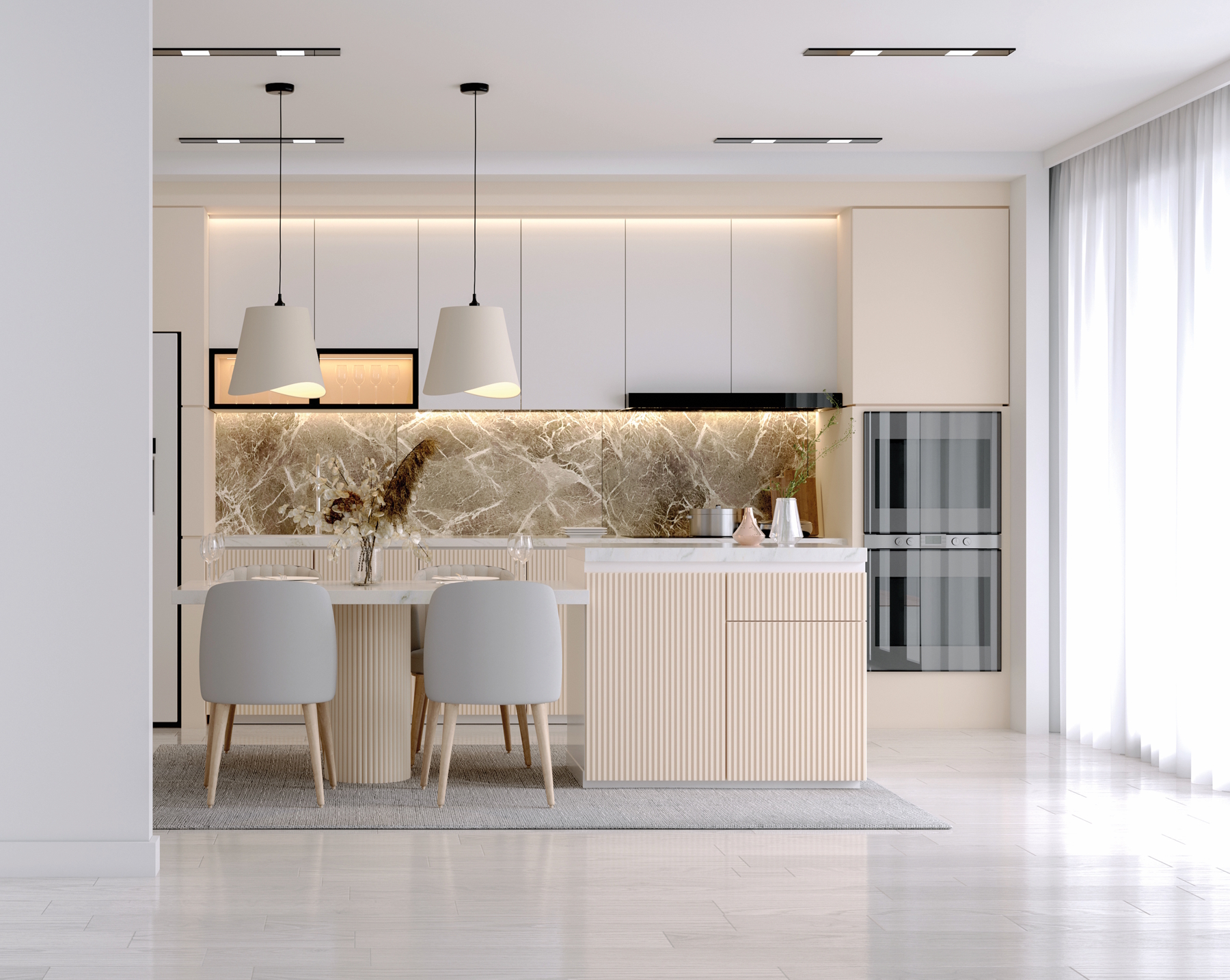 Modern Contemporary kitchen room interior .white and cream colo
